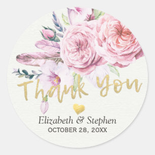 Wedding Thank You Watercolor Boho Floral Feather Classic Round Sticker
