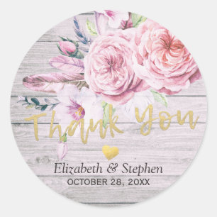 Wedding Thank You Watercolor Floral Rustic Wood Classic Round Sticker