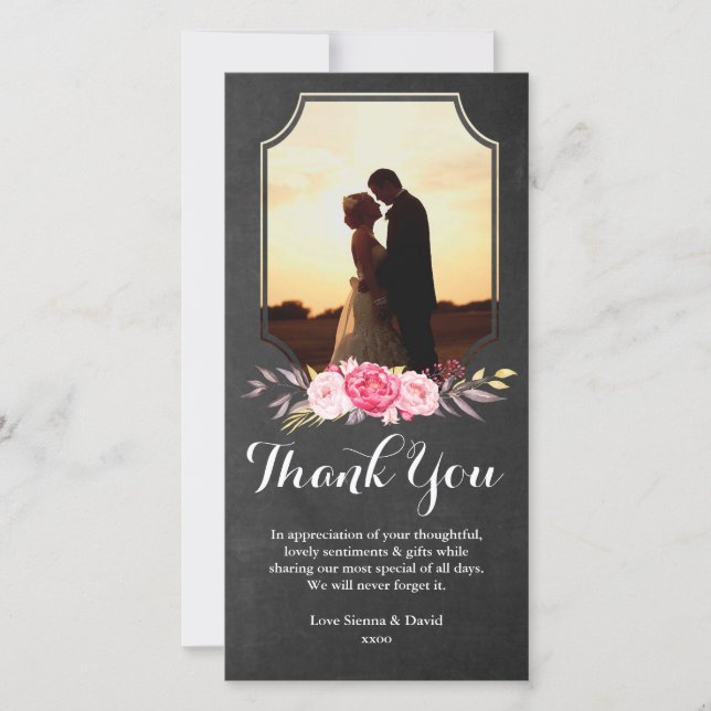 Wedding Thank You Watercolor Flowers Photo Card (Front)