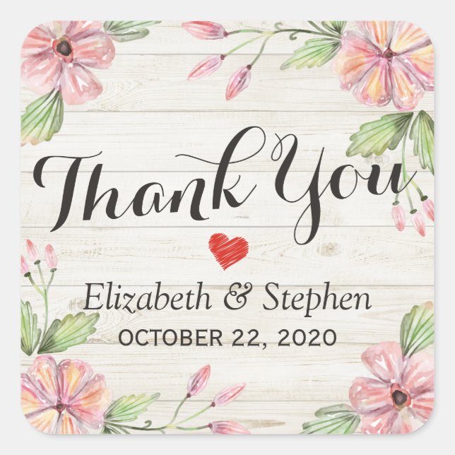 Wedding Thank You Watercolor Flowers Rustic Wood Square Sticker (Front)