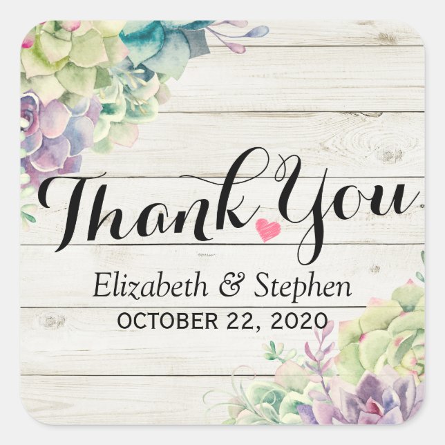 Wedding Thank You Watercolor Succulent Rustic Wood Square Sticker (Front)
