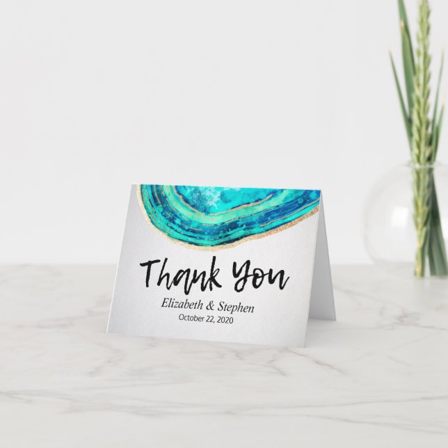 Wedding Thank You Watercolor Teal Gold Agate Geode (Front)