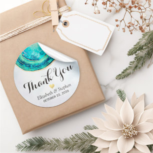 Wedding Thank You Watercolor Teal Gold Agate Geode Classic Round Sticker