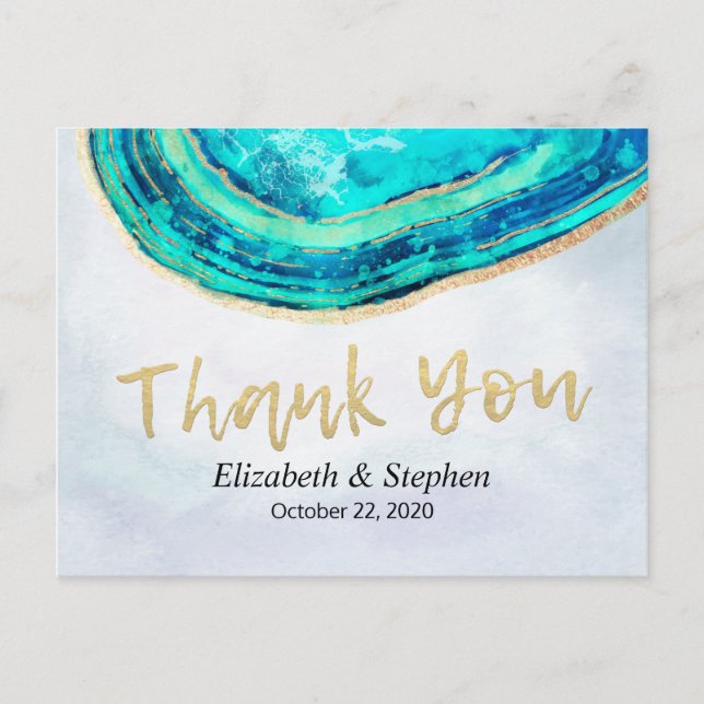 Wedding Thank You Watercolor Teal Gold Agate Geode Postcard (Front)