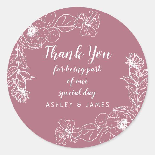 Wedding Thank You White Floral Outline Cassis Classic Round Sticker (Front)
