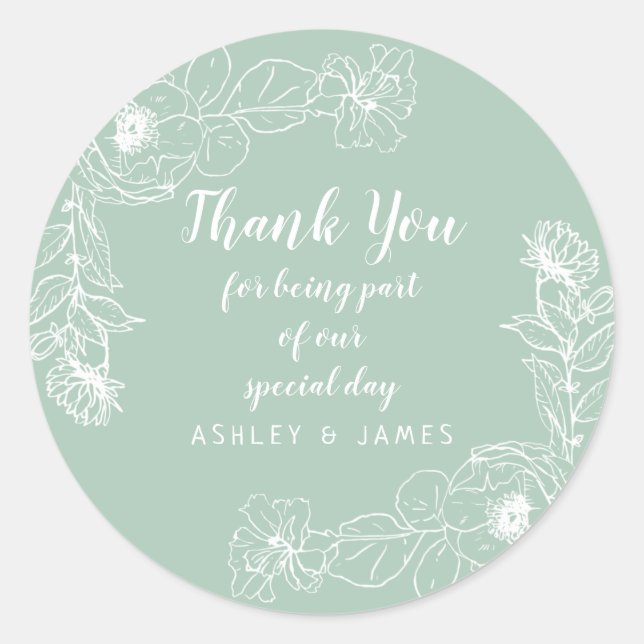 Wedding Thank You White Floral Outline Green Classic Round Sticker (Front)