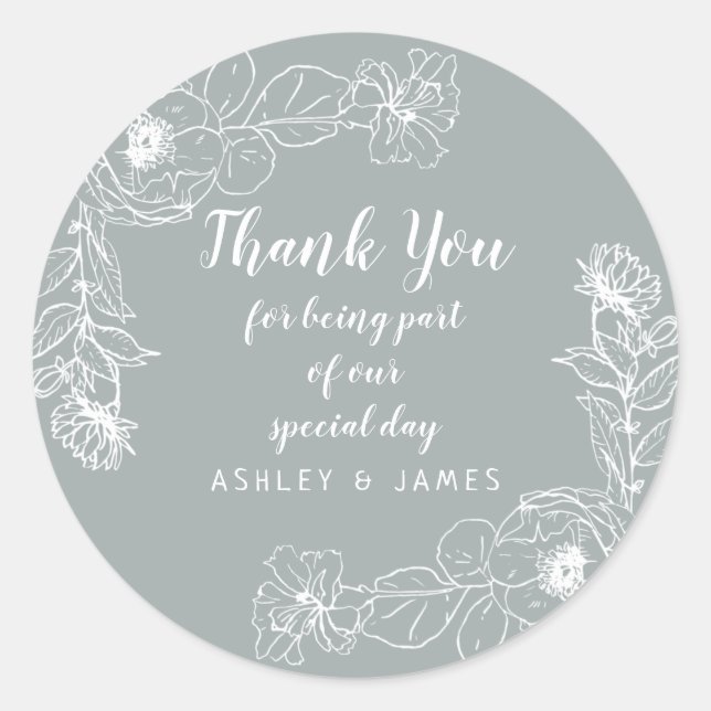 Wedding Thank You White Floral Outline Grey Classic Round Sticker (Front)