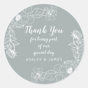 Wedding Thank You White Floral Outline Grey Classic Round Sticker