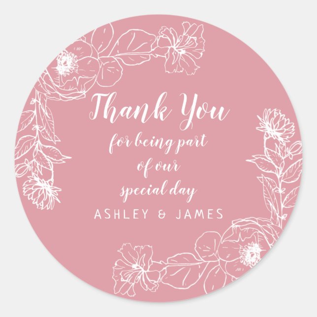 Wedding Thank You White Floral Outline Rose Pink Classic Round Sticker (Front)