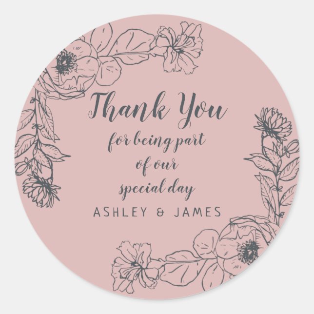 Wedding Thank You White Floral Outline Silver Pink Classic Round Sticker (Front)
