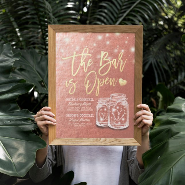 Wedding The Bar is Open Drink Menu Mason Jars Rose Poster (Creator Uploaded)