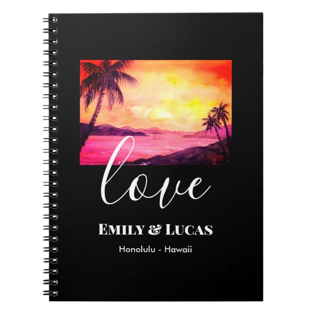 Wedding Theme Tropical Beach Sunset Watercolor Notebook (Front)