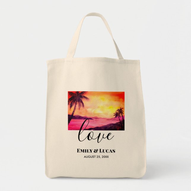 Wedding Theme Tropical Beach Sunset Watercolor Tote Bag (Front)