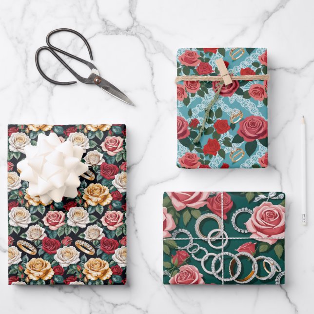 Wedding Theme With Roses And Wedding Rings Wrapping Paper Sheet (Front)