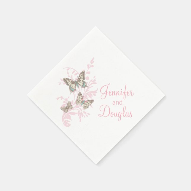 Wedding three ink butterflies pink paper napkin (Corner)