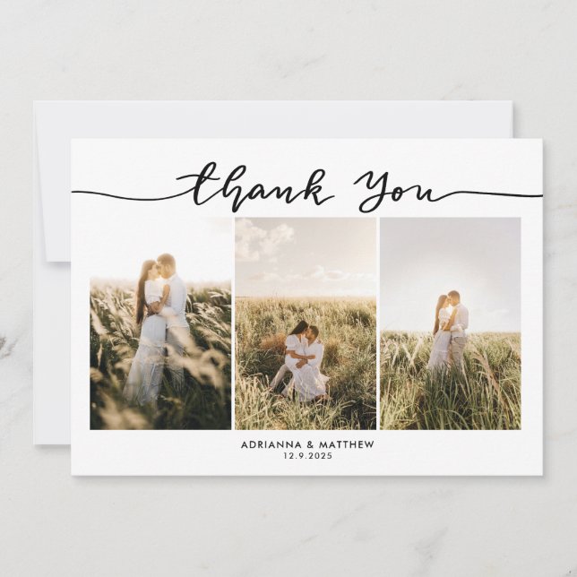 Wedding Three Photos Elegant Thank You Script (Front)
