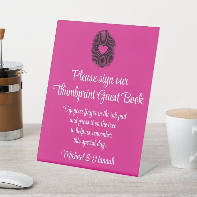 Wedding Thumbprint Pink Guest Book Reception Table Pedestal Sign (In SItu)