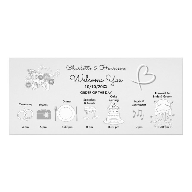 Wedding Time Line Program Hand Drawn Icons Rack Card (Front)