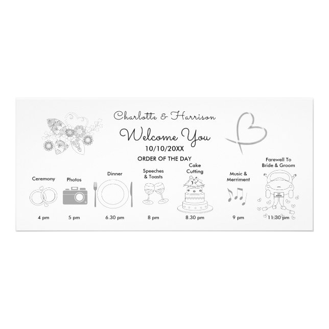 Wedding Time Line Program Hand Drawn Icons Rack Card (Front)