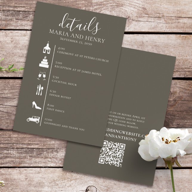 Wedding Timeline Brown Grey Details QR Code RSVP Enclosure Card (Creator Uploaded)