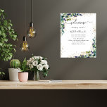 Wedding timeline program eucalyptus greenery  poster<br><div class="desc">White elegant background,  decorated with eucalyptus greenery,  golden foliage and faux gold glitter dust. Personalise and add your names and your wedding day timeline.</div>