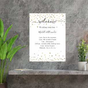 Wedding timeline program gold hearts welcome poster