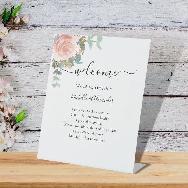 Wedding timeline program rose gold floral  pedestal sign (Creator Uploaded)