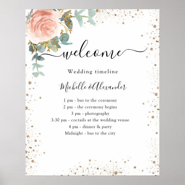 Wedding timeline program rose gold floral poster (Front)