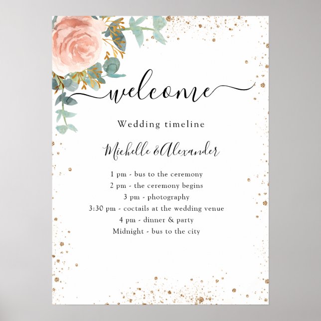 Wedding timeline program rose gold floral poster (Front)