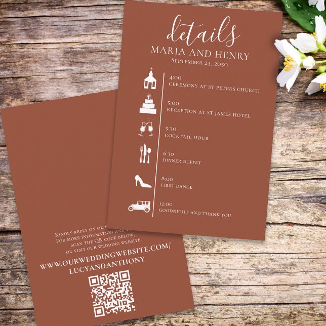 Wedding Timeline Terracotta Details QR Code RSVP Enclosure Card (Creator Uploaded)