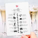 Wedding timeline with cute heart, guest itinerary advice card<br><div class="desc">This wedding itinerary and welcome card features a small heart motif that you can change to any color. Using pictogram icons, let your guests know of your itinerary for your big day & ensure no one misses out on any of your agenda during the whole event. With a welcome message...</div>