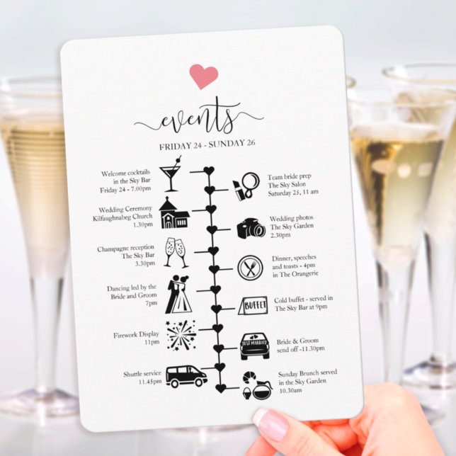 Wedding timeline with cute heart, guest itinerary advice card (Creator Uploaded)