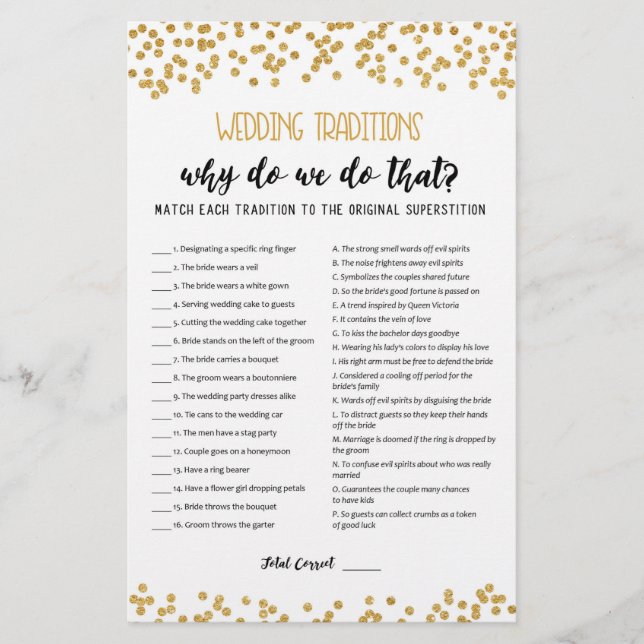 Wedding traditions game with Answers (Front)