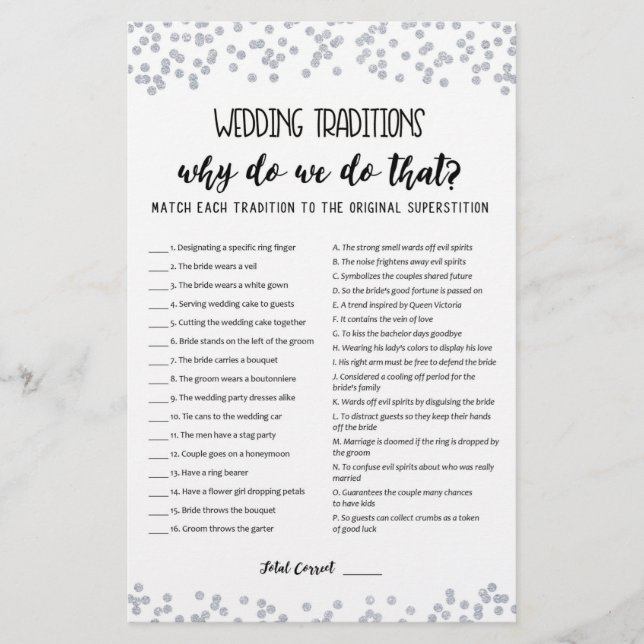 Wedding traditions game with Answers (Front)