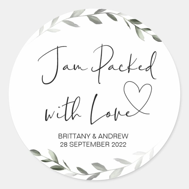 Wedding Treat Jar Favor Jam Packed With Love Class Classic Round Sticker (Front)