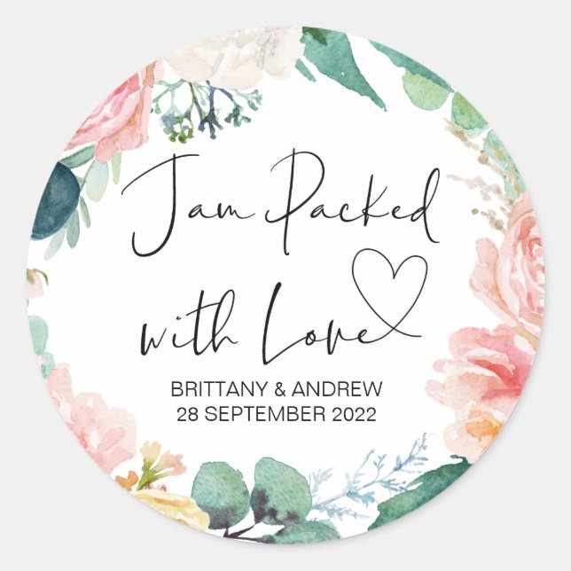 Wedding Treat Jar Favor Jam Packed With Love Classic Round Sticker (Front)