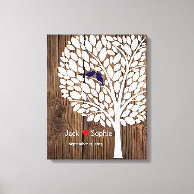 wedding tree signature guest book birds navy wood (Front)
