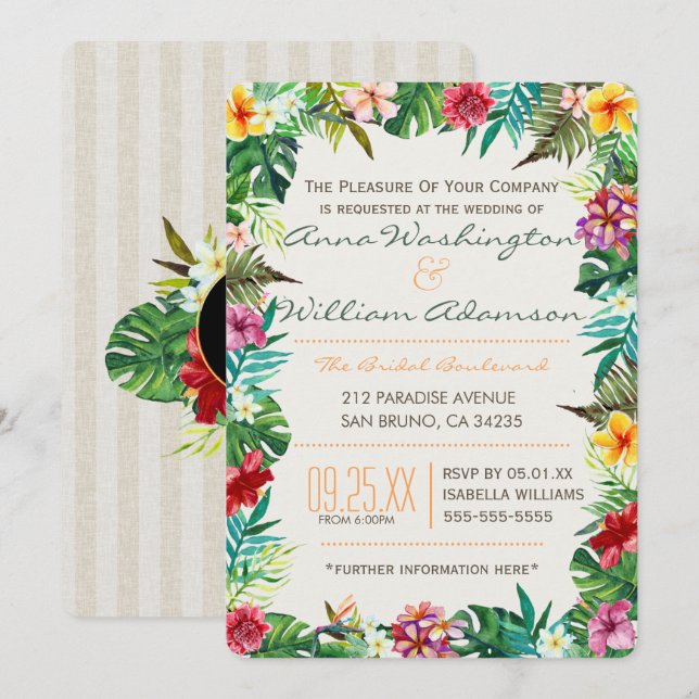 Wedding | Tropical Leaves, Flora & Fancy Pineapple Invitation (Front/Back)