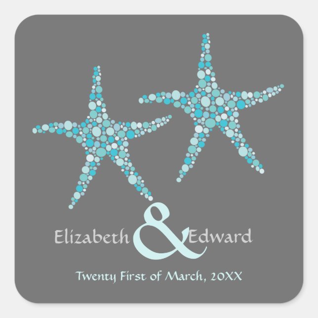 Wedding Turquoise Aqua Starfish Save the Date Square Sticker (Front)