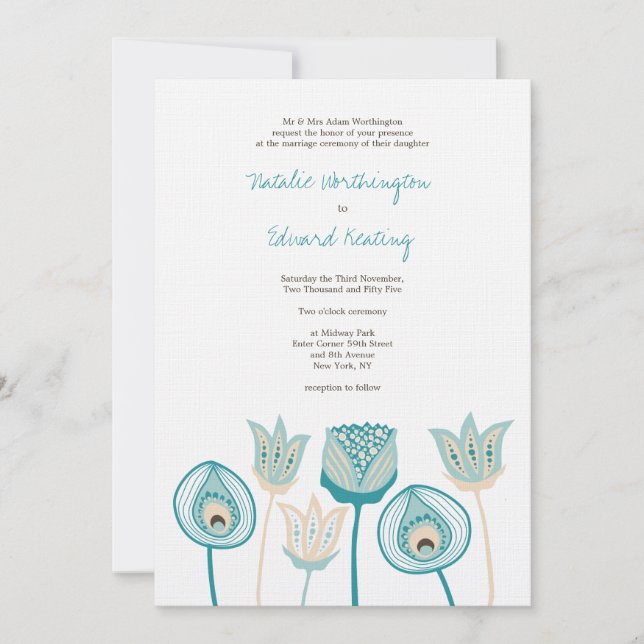 Wedding Turquoise Blue Ivory Funky Flowers Invitation (Front)