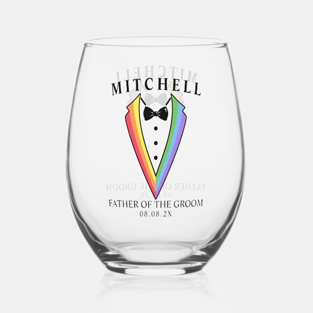 Wedding Tuxedo Gay LGBTQ+ Father of the Groom  Stemless Wine Glass (Front)