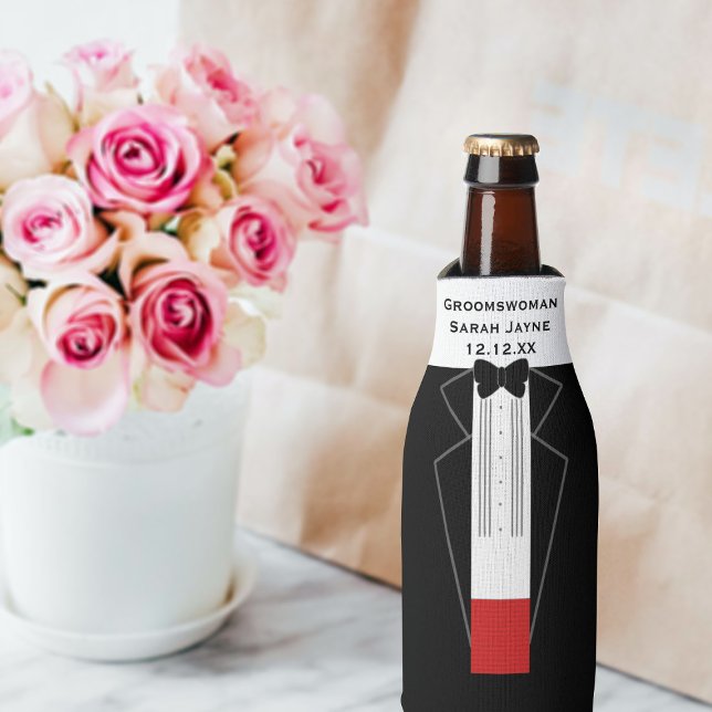 Wedding Tuxedo Groomswoman Bottle Cooler (Just add your Groomswoman's name and wyour wedding date to this tuxedo bottle cooler)