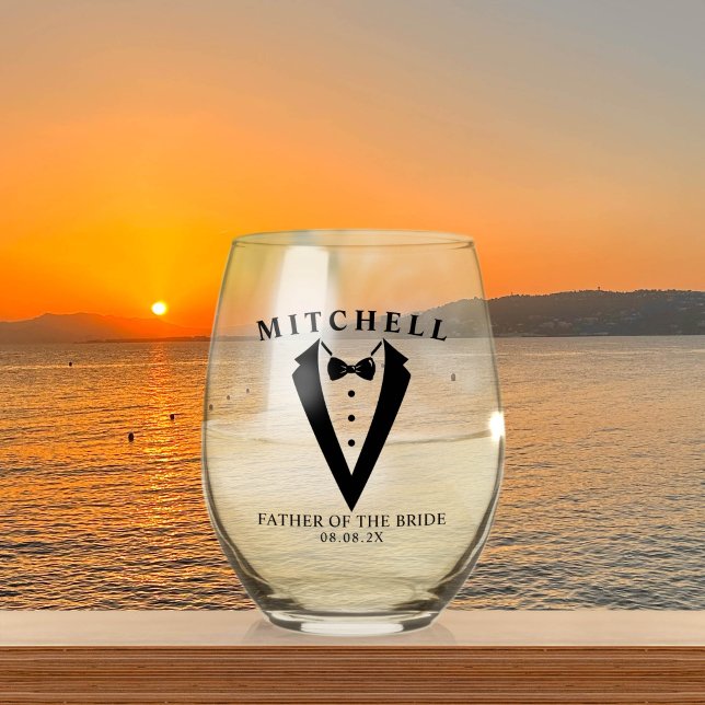 Wedding Tuxedo Personalised Father of The Bride Stemless Wine Glass (Creator Uploaded)