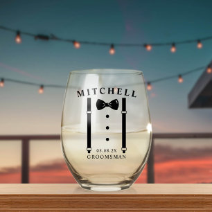 Wedding Tuxedo Personalised Groomsman Stemless Wine Glass