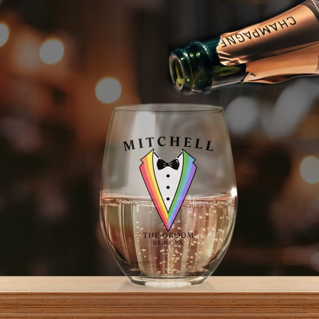 Wedding Tuxedo Personalised The Gay Groom Pride Stemless Wine Glass (Creator Uploaded)