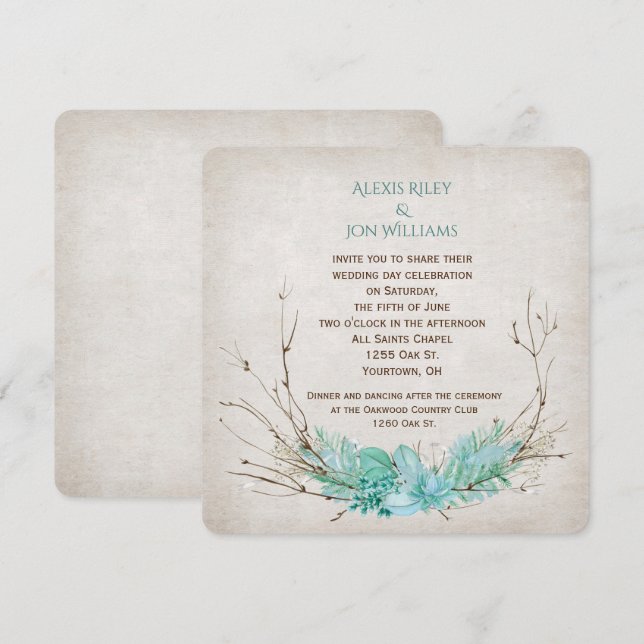 wedding twig bouquet on texture invitation (Front/Back)