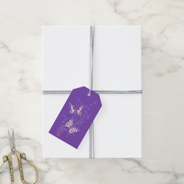 Wedding two butterflies drawing purple gift tag (With Twine)
