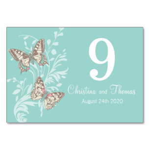 Wedding two graphic butterflies name date aqua table number