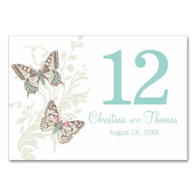 Wedding two graphic butterflies name date teal table number (Front)