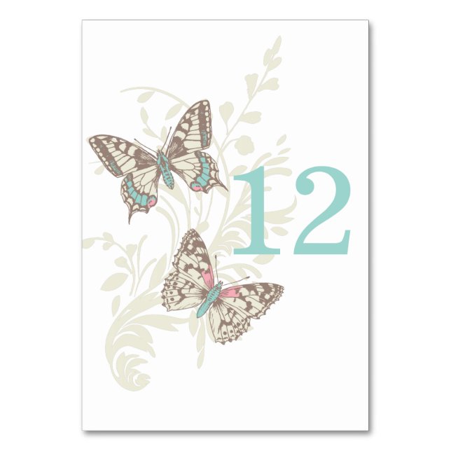Wedding two graphic butterflies portrait teal table number (Front)